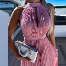 Elegantes, solides, hohles langes Kleid für Damen, 2023, modisch, hohe Taille, solides Partykleid, Bürodame, sexy, ärmellos, plissiert, Strandkleid