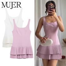 MUJER 2025, plissiertes Minikleid, Damen-Overall, rückenfrei, kurze Kleider für Damen, Träger, Spielanzug, Kleid, Damen, Party, Damenkleid