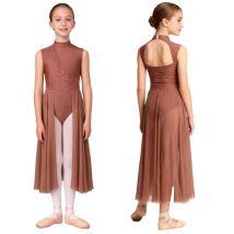 Abito da ballo lirico per bambina, pattinaggio di figura moderno, abbigliamento da ballo, collo a lupetto, senza maniche, body in rete, costume da spettacolo teatrale