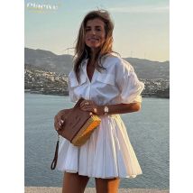 Clacive Mode Lose Weiße Baumwolle frauen Kleid 2025, Casual Revers Langarm Mini Kleider Elegante Klassische Plissee Weibliche Kleid