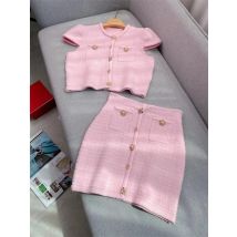 Quality Summer Autumn Diamond Knitted Two Piece Women Set Sweater Short Skirts 2pcs Outfits