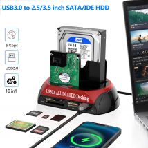 10-in-1-Dual-Bay-Festplattenstation USB3.0/2.0 HDD-Dockingstation mit 12 V Netzteil für 2,5/3,5 Zoll HDD/SSD-Lesekarte