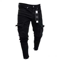 Herren Stretch Jeans Schwarz Große Seitentaschen Cargo Jeans Mode Reißverschluss Kleiner Fuß Denim Hosen Elastische Jogginghose Streetwear