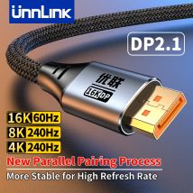 Unnlink DP 2.1 DisplayPort Cavo, Cavo da computer a monitor 16K, Frequenza di aggiornamento elevata 240 Hz, Scheda grafica Larghezza di banda elevata 80G
