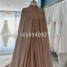 Elegantes Champagner-Perlen-Pailletten-Abschlussballkleid, Stehkragen, lange Ärmel, Schleppe, luxuriöses muslimisches Hochzeitskleid, Hochzeit, Party, Abendkleid