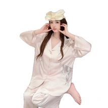 2025 Spring Autumn Ice Silk Pajamas Women Long Sleeve Pant Two Piece Set Lace Hollow Polka Point Casual Nightgown Sleepwear Home