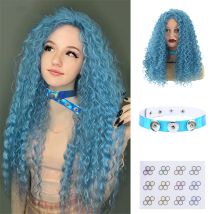 20-Zoll-Anime-Perücke + Halskette + Aufkleber, 3-teiliges Set, blaue, flauschige, lange, lockige synthetische Perücke, Urlaubsparty-Anziehperücke, Halloween