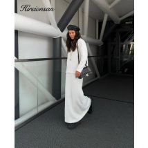 Hirsionsan Elegante, weiche, elegante Vintage-Damenanzüge, 2-teilig, weiblicher Rock-Sets, O-Ausschnitt, Pullover und Midikleid, gestrickter Trainingsanzug