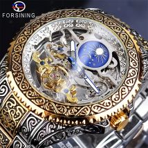 Forsining Luxus Gold Skeleton Mechanische Uhren Mondphase Retro Gravierte Leuchtende Tourbillon Automatische Herren Uhr Stahlband