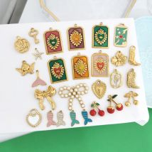 1pc Stainless Steel Big Pendant Small Charm Cherry Angel Boot Heart Tail Flower Star Cross Key Moon Pearl Bow PVD Gold Color