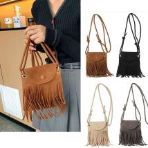Messenger-Tasche im Fransen-Design mit verstellbarem Riemen. Alltags-Umhängetasche. Trendige Leder-Umhängetasche mit Quaste für Herbst und Winter
