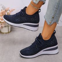 Damen-Turnschuhe, glänzender Strass-Keil, atmungsaktiv, gestrickt, rutschfest, Wanderschuhe, Damen, Übergröße, modisch, dicke Sohle, weißer Sneaker