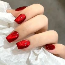 24Pcs/Box Cat Eye Red Press on Nails Short Square Fake Press on Nails with Exquisite Cat Eye Design Full Cover Artificial Nails