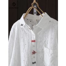 New Autumn Cotton Embroidery Shirts Women Lapel Collar Bow Tops Girl Long Sleeve Loose Blouses Age Reduction Spring T39435QC