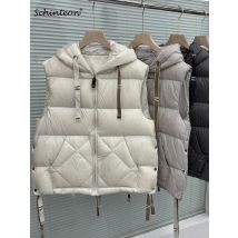 Schinteon-Chaleco de plumón de pato blanco 90% para mujer, chaqueta informal sin mangas con capucha, Color sólido Simple, moda Otoño Invierno, última novedad