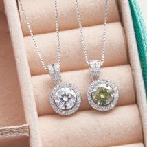 Gica Gema S925 Sterling Silber Moissan ite Halskette für Frauen 1,0 Karat runde Form blau grün Farbe Dating Schmuck Geschenk mit gra