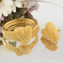 Copper Big Golden Bangle with Ring Sets African Women Fashion New Design Large Bracelets Gold Color Jewelry Dubai Party Set