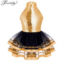 Kids Halter Sequins Ballet Tutu Dress Girls Latin Jazz Modern Dancing Costume Gymnastics Leotard Children Performance Dancewear