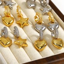 Great era zarte kubische Zirkon Herz Stern Creolen für Frauen 18 Karat vergoldete Kupfer legierung Huggie Ohrringe Hochzeits schmuck