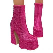 Women's New Fashion Ankle Boots Female Sexy Rhinestone Square Toe Casual Zipper High Heels Casual Thick-soled Knee-high Boots