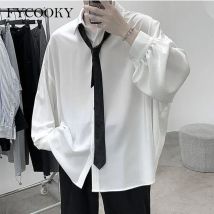 2025 Black Long-sleeved Shirts Men Korean Comfortable Blouses Casual Loose Single Breasted Shirt with Tie