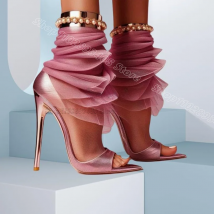 Lila Spitze Niet Dekor Sandale Stiefel Stiletto Offene spitze Zurück Zipper Britischen Stil Frauen Party Kleid Schuhe Zapatos Para Mujere