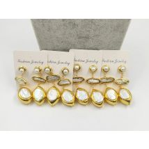 WT-MPE125 WKT Gorgeous Fashion 18K Real Gold Plated Triple Natural Freshwater Pearl Assemble Women Wedding Earrings 5 Pairs