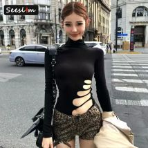 Seeslim Sexy Aushöhlen T Shirt Frauen Langarm Schlank 2000s Kleidung Y2k Herbst Tops Schwarz Tees Weibliche Kleidung dünne T-shirt