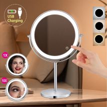Specchio per trucco a LED con ingrandimento 10X da 8 pollici con interruttore tattile a luce di 3 colori Specchio cosmetico per trucco da tavolo con ricarica USB a doppio lato
