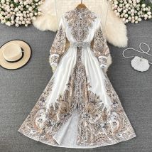 Ethnischer Stil Stehkragen Floral Royal Langes Damenkleid mit Gürtel 2022 Neuer Sommer Herbst Langarm Elegantes Damenkleid
