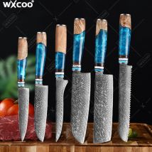 Professionelles Küchenmesser-Set Damaststahl VG10 Kochmesser Obst Schälfleisch Hackmesser Ausbeinmesser Blauer Harzgriff