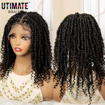 Full Lace Twist Braided Wig Synthetic Knotlss Box Braids IWg for Black Women 14 Inches Short Bob Braiding Wig with Curly Ends