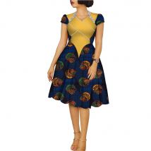 African Dresses for Women Ankara Fashion Patchwork Knee Length Pleated Lady Dresses Vintage Maxi Women V-neck Dress WY9273