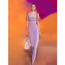 Neue Frauen hohe Taille hellviolett ärmellose Strass weites Bein Overall Bodycon Promi Club Party Bandage Overall
