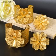 Dubai Arab Wedding Jewelry Set Exaggerated Wide Bracelet Gold Plated Flower Ring Nigerian Ethiopia Bridal Jewellery Free Shippin