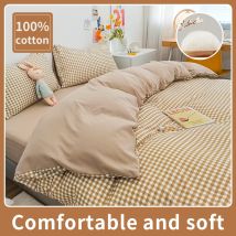 Set copripiumino in cotone 100%, set biancheria da letto con righe scozzesi, traspirante e delicato sulla pelle, 1 copripiumino, 2 federe, stile semplice giapponese