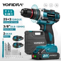Taladro Percutor Eléctrico YOFIDRA 3 en 1, 25+3 Nm de Torque, Taladro Percutor Inalámbrico de Mano, Herramienta Eléctrica para Trabajar la Madera, Compatible con Baterías Makita