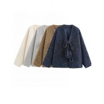 2024 herbst WinterVintage Casual Chic Frauen Jacken Solide V-ausschnitt Langarm Spitze-up Lose Dicke Mäntel Mode Outwears