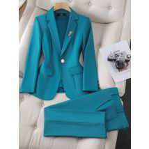 Damen Blazer und Hosenanzug Frauen grün lila blau schwarz solide formelle Jacke Hose weibliche Business Work Wear 2 Stück Set