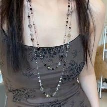 Naszyjnik damski w stylu retro z podwójnym łańcuszkiem, boho, w stylu spicy girl, vintage, długi, etniczny, kolorowy, z kwiatami i koralikami, łańcuszek do swetra.