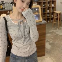 Langarm T-shirts Frauen Spitze Floral Kordelzug Chic Alle-spiel Dünne Koreanische Stil Kleidung Süße Streetwear Casual Herbst Tops