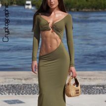 Kryptografisches, sexy, ausgeschnittenes Maxikleid für Damen, Herbst-Outfits, verzierte, langärmlige, figurbetonte Kleider, Geburtstagsfeier, Urlaub