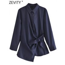 Zevity New Women Fashion Solid Color Side Bow Tied Poplin Smock Blouse Female Chic Long Sleeve Business Shirt Blusas Tops LS5096