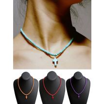 Leisure Natural Stone Cross Necklace Women White Red Blue 7 Colors Beads 16Inches Short Collor Joias Summer Beach Female Jewelry