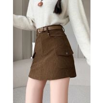 Vintage Winter Mini Cordrock Damen 2025, Streetwear, Y2K, figurbetonte Cargo-Röcke mit Shorts, Gürtel, braun, schwarz, kurzer Rock für Damen
