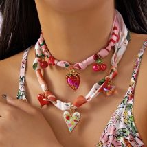 Sweet Cherry Strawberry Bow Heart Pendant Necklace Women's Colorful Ribbon Choker New Trend Neck Chain Jewelry Y2K Accessories