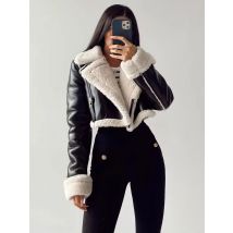 HH Women Faux Leather Thicken Short Jacket Vintage Front Zipper Lapel Long Sleeve Coat Winter Women Warm Casual Outerwear
