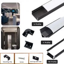 V/U/YW-Shape Recessed LED Aluminum Profiles Corner Channel Holder Black/Milky Cover Diffuser Bar for 8mm 10mm 12mm Strip Lights