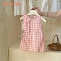 Bear Leader 2025, Sommerkleid für Mädchen, koreanische Version, 3D-Schleife, ärmellos, Rundhalsausschnitt, rosa kariert, Prinzessinnenkleider, Kinderkleidung