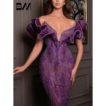 Lila Rüschen-Etui-Abendkleid, modische Perlen, formelle Anlässe, luxuriös, schulterfrei, maßgeschneidertes Damen-Party-Abschlussballkleid